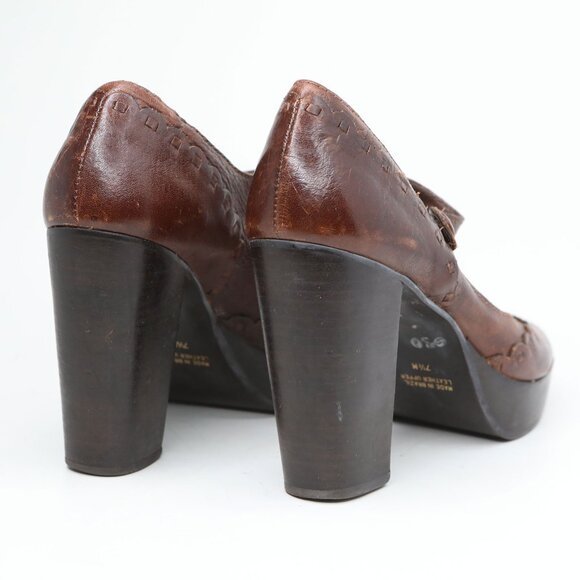 MIA Leather Mary Jane Platform Pumps Y2K Brown Peeptoe Chunky Heels Retro Mod - Picture 7 of 12